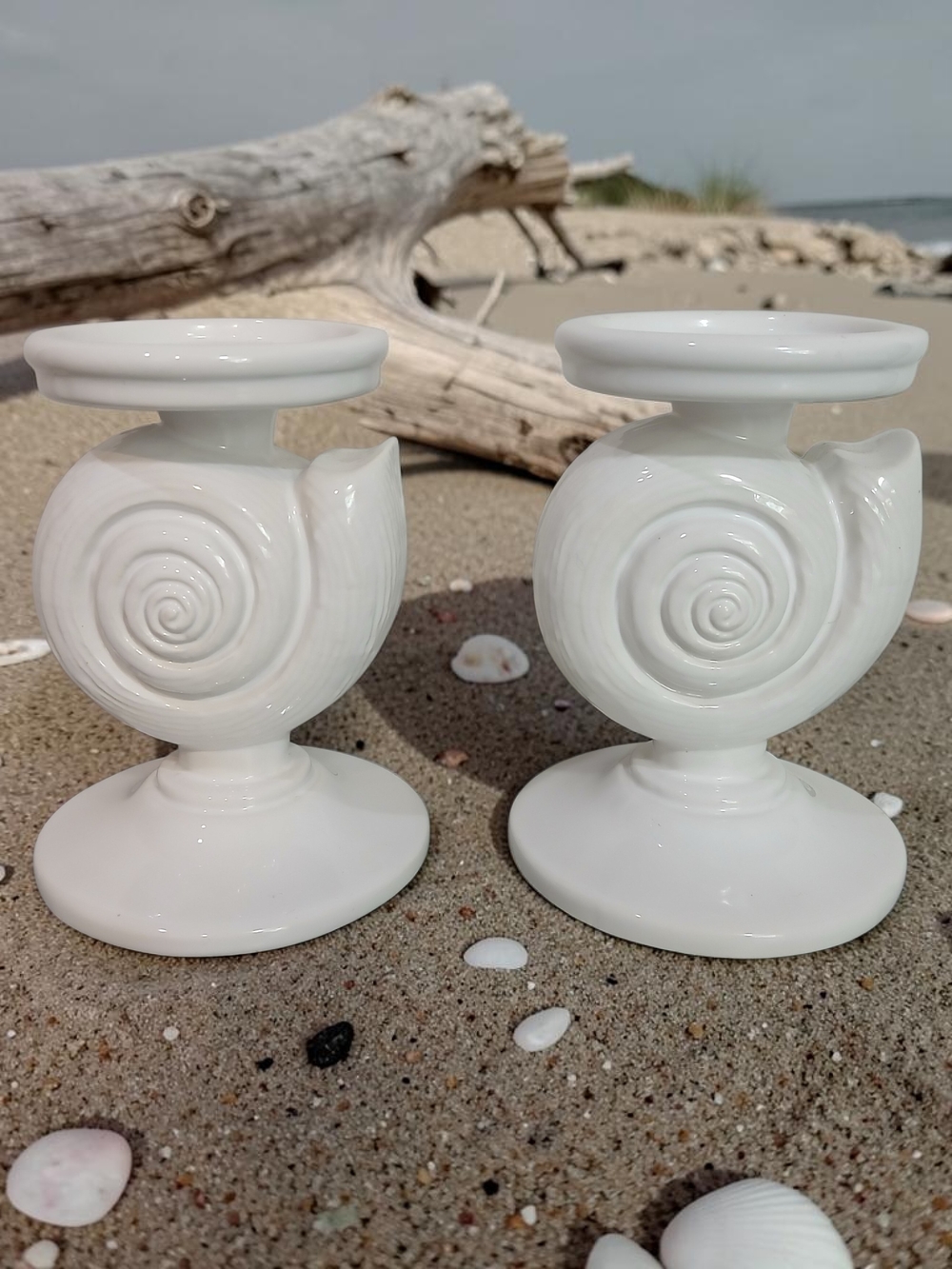 Bath & Body Works White Shell Spiral Ceramic Candle Holders - Pair